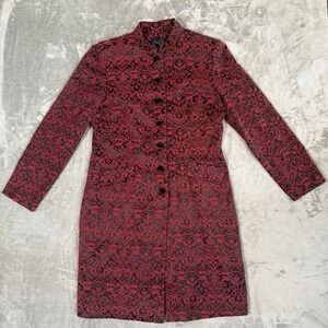 Vintage 90s Red Brocade Floral Jacket Mandarin Collar Duster Knotted Buttons 10